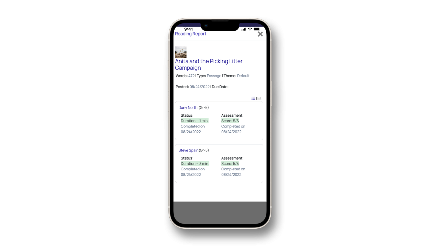 Image: Phone shows reading report from The Text Hub